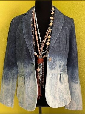 Chico’s Classic Denim Ombré Wash Paisley Print Jacket